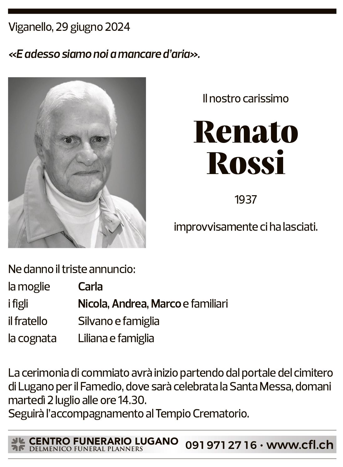 Annuncio funebre Renato Rossi