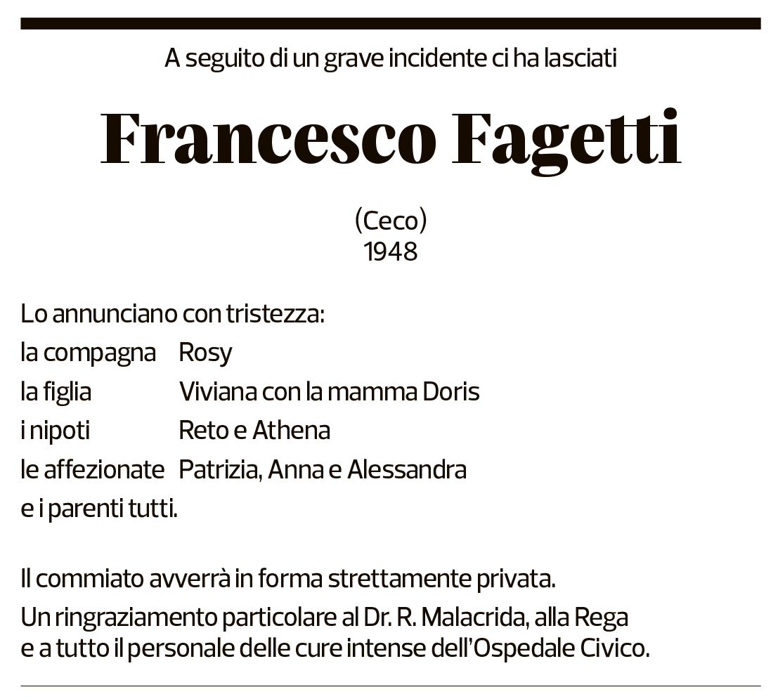 Annuncio funebre Francesco Fagetti