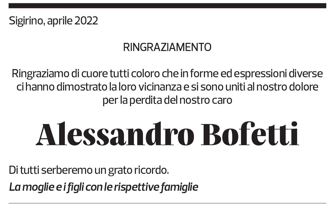 Annuncio funebre Alessandro Bofetti