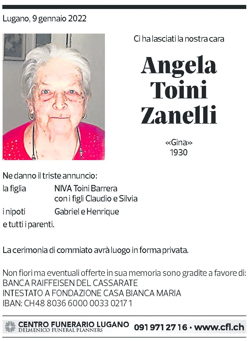 Annuncio funebre Angela Toini Zanelli