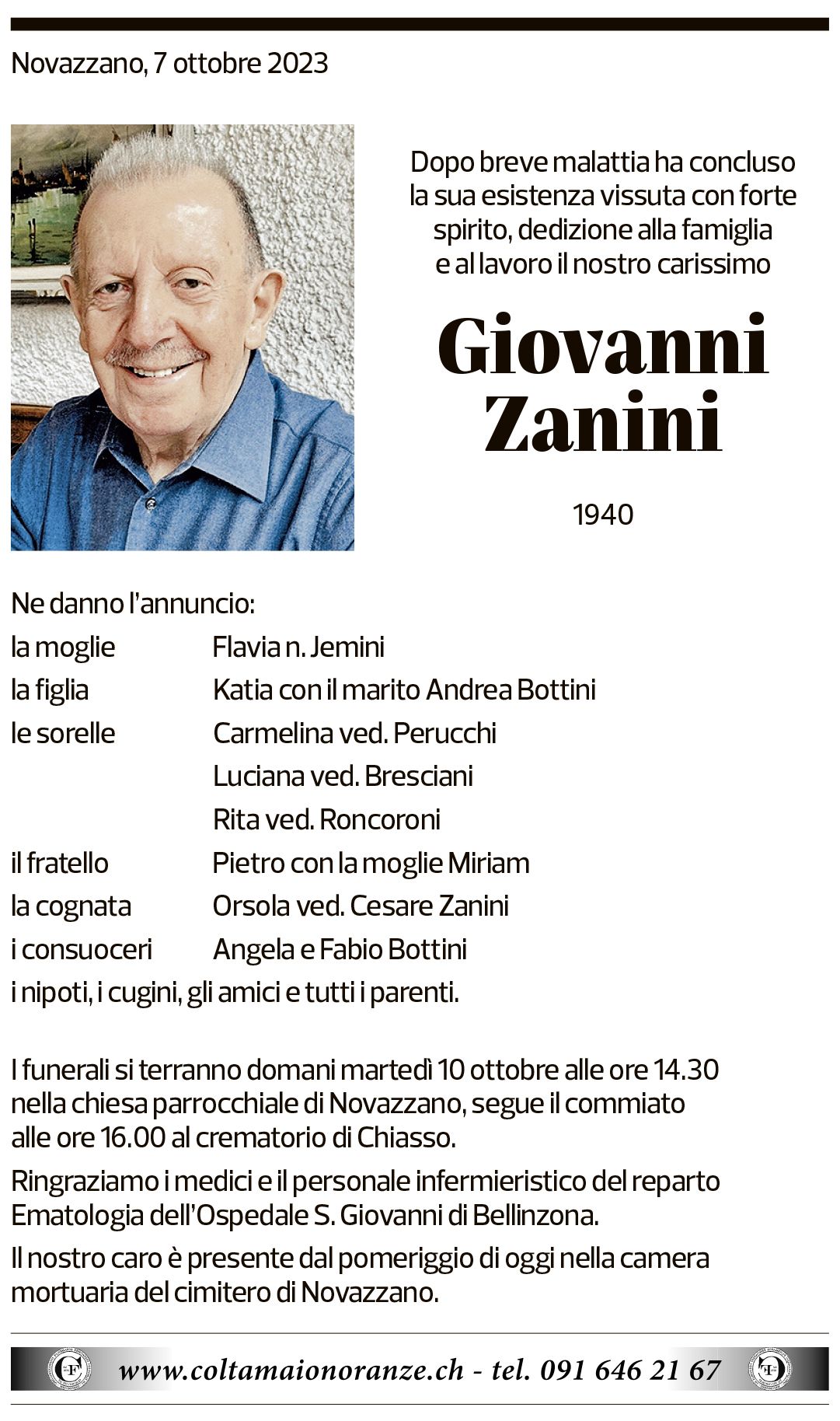 Annuncio funebre Giovanni Zanini