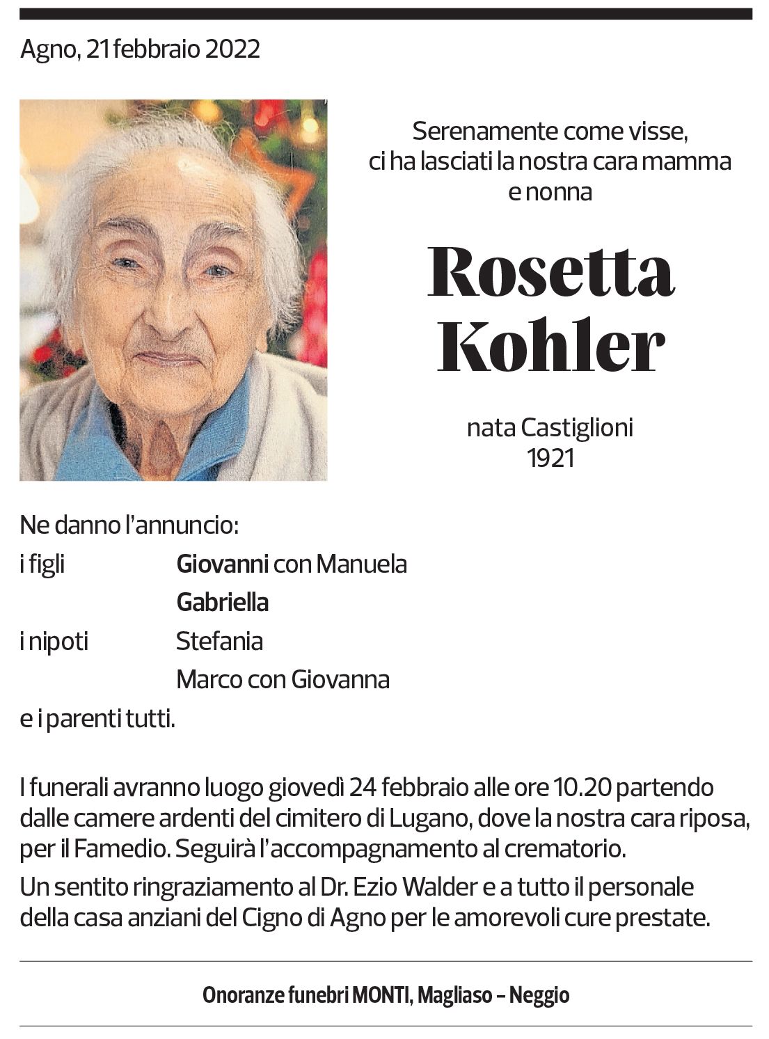 Annuncio funebre Rosetta Kohler