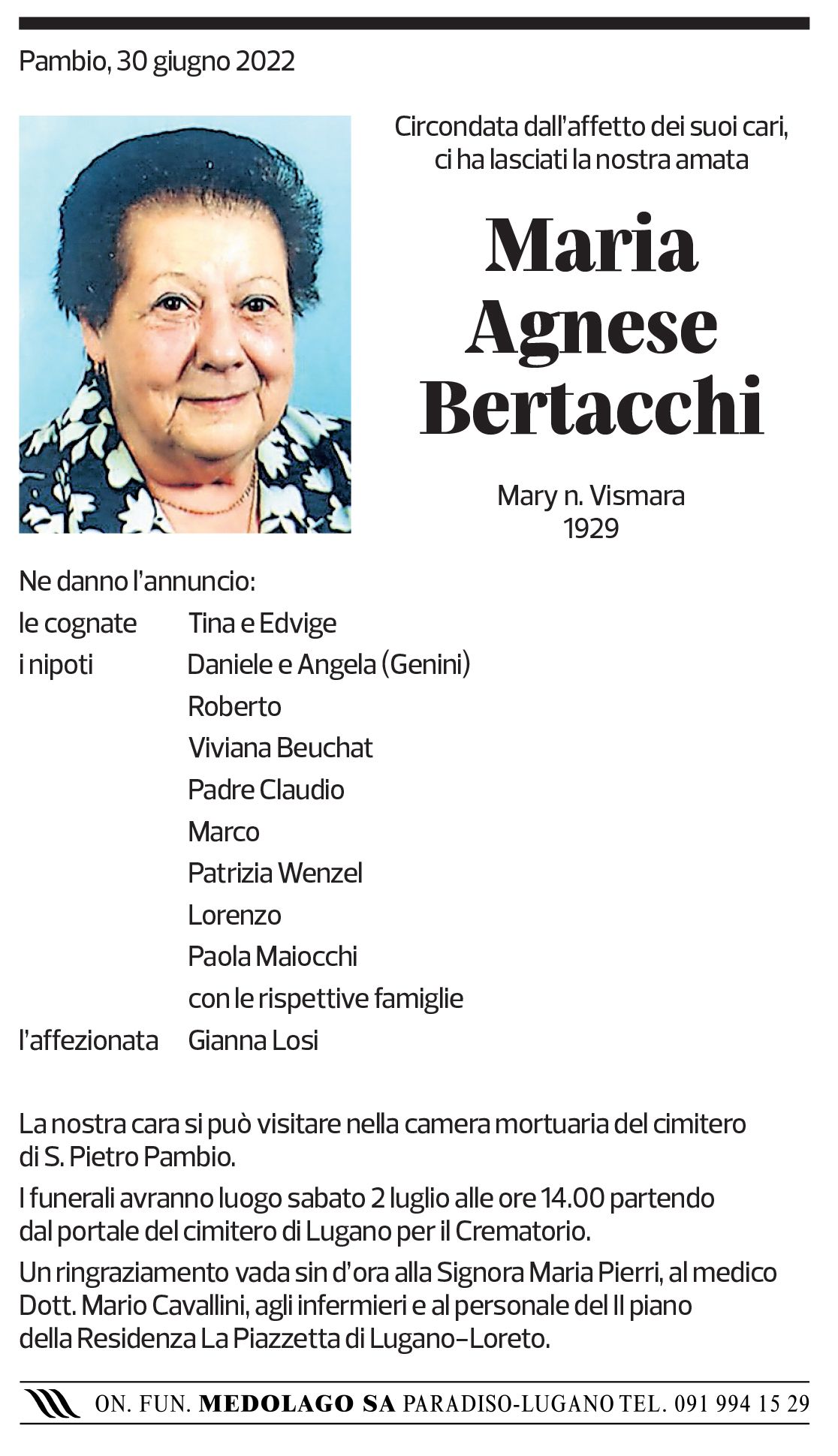 Annuncio funebre Maria Agnese Bertacchi