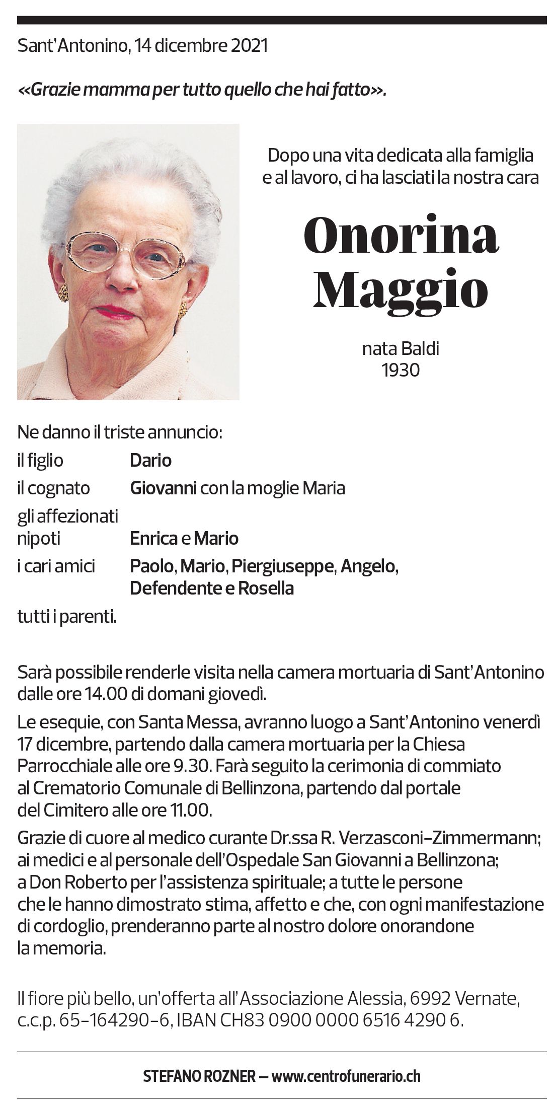 Annuncio funebre Onorina Maggio