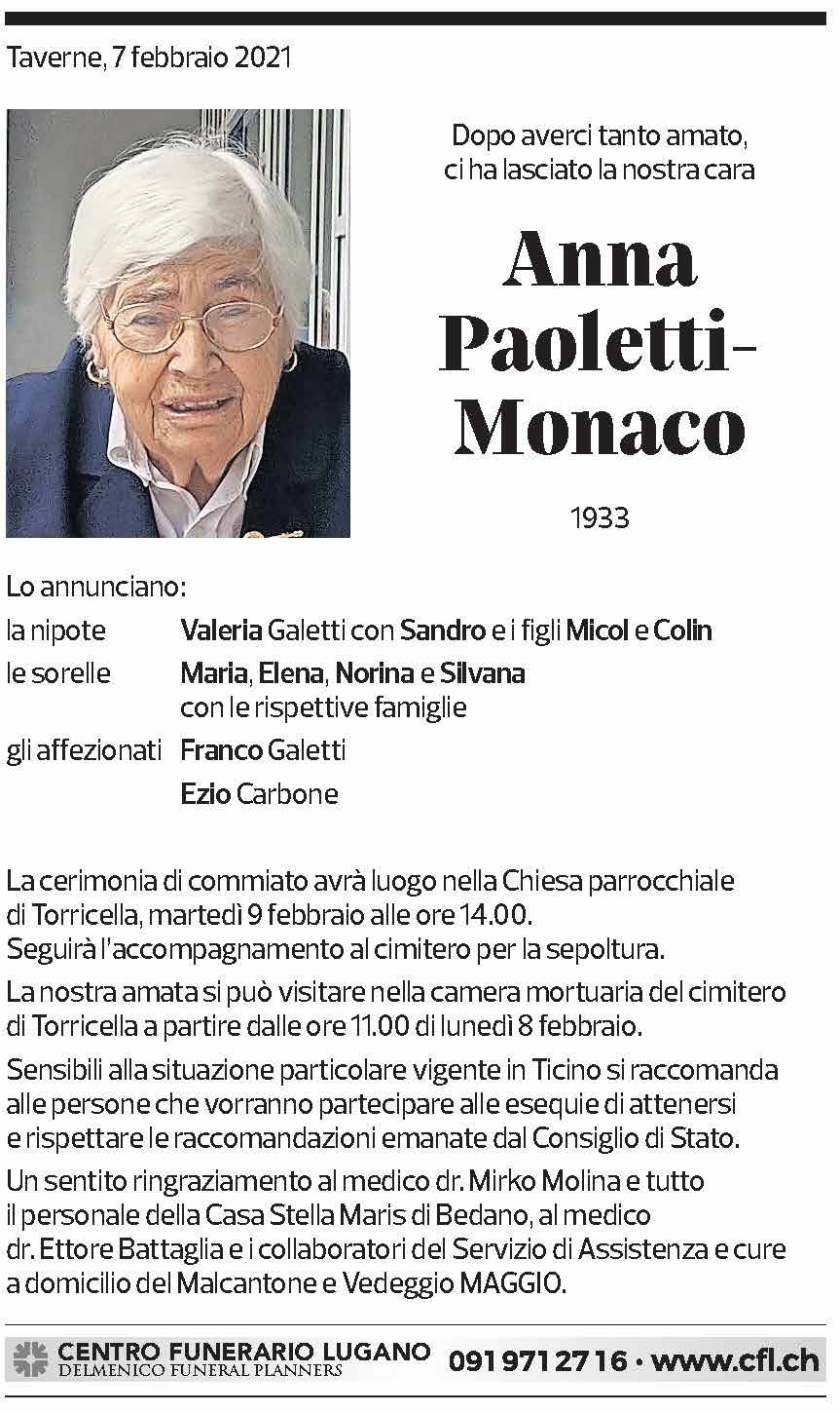 Annuncio funebre Anna Paoletti - Monaco