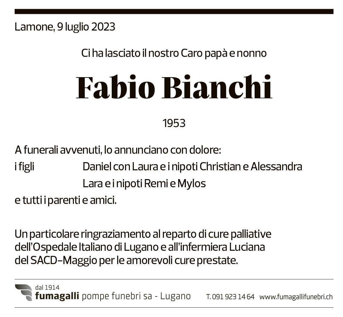 Annuncio funebre Fabio Bianchi