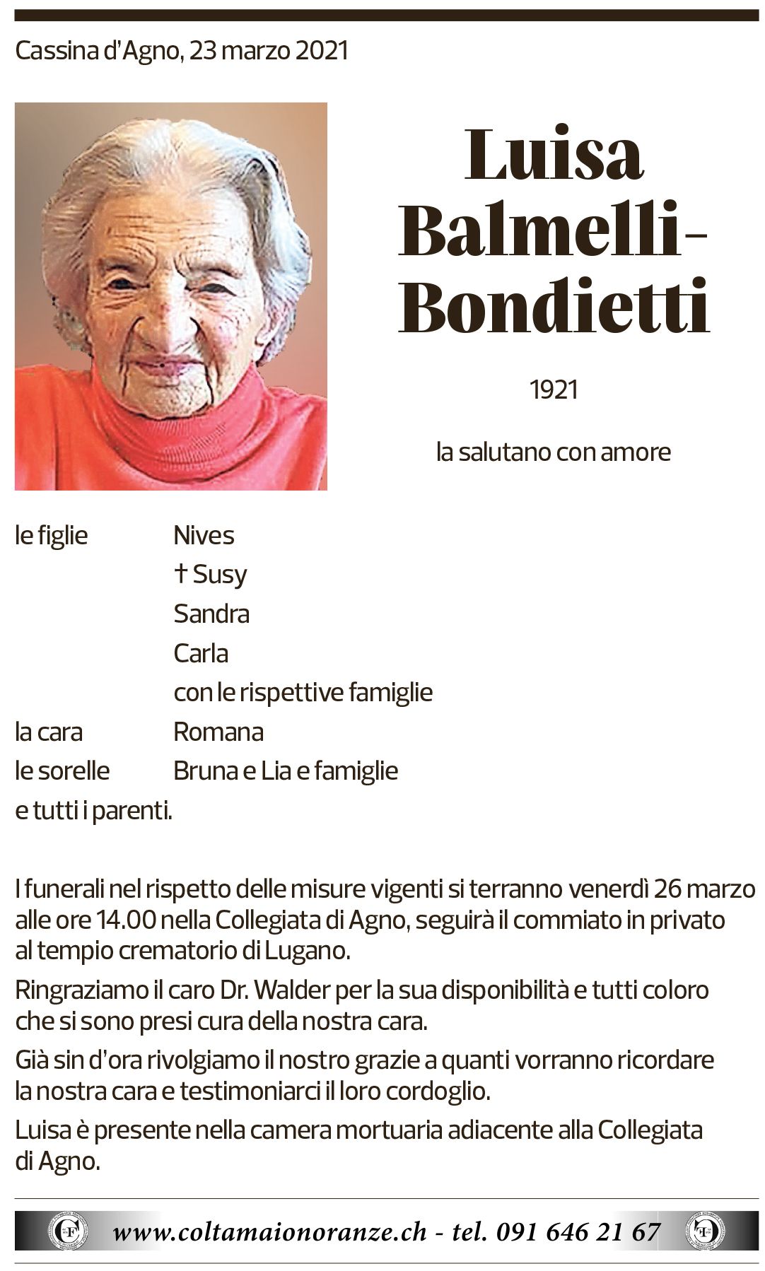 Annuncio funebre Luisa Balmello-bondietti