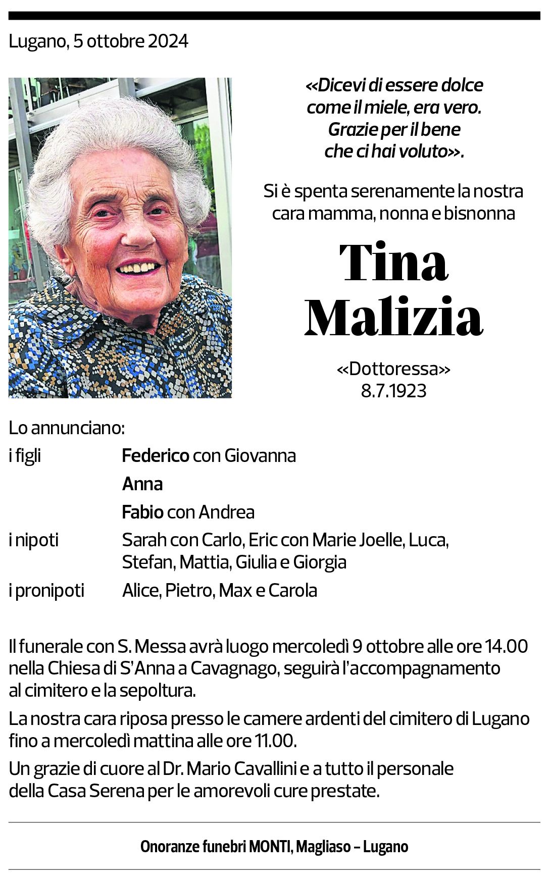 Annuncio funebre Tina Malizia