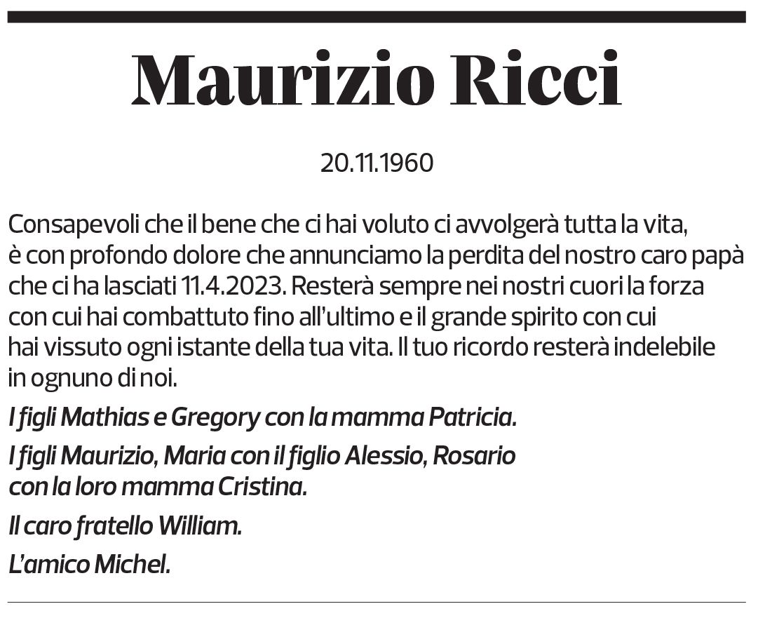 Annuncio funebre Maurizio Ricci