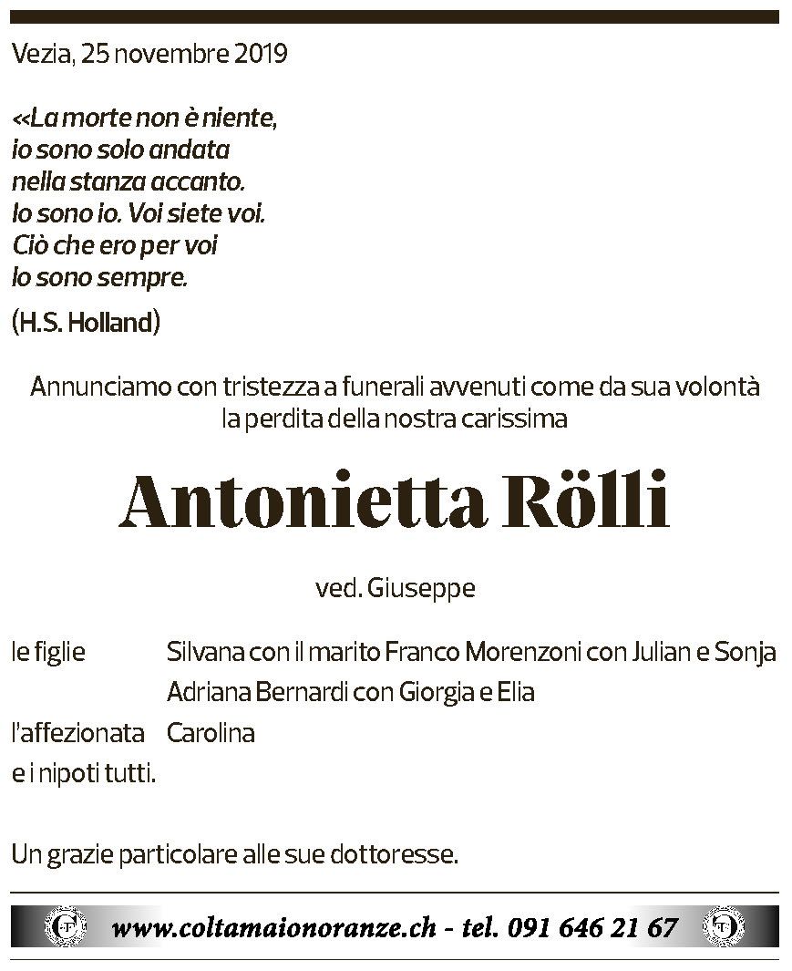 Annuncio funebre Antonietta Rölli