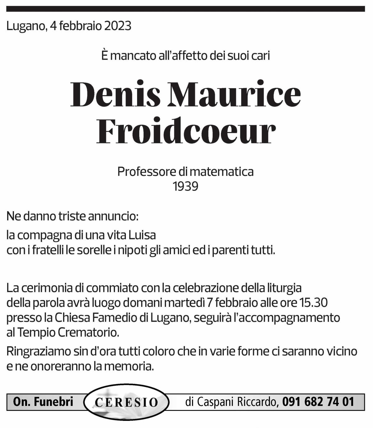 Annuncio funebre Denis Maurice Froidcoeur