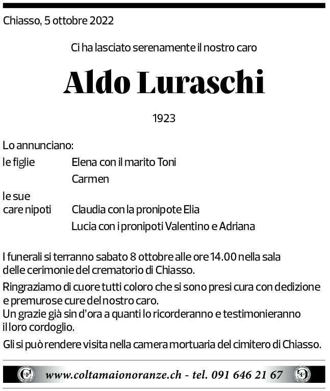 Annuncio funebre Aldo Luraschi