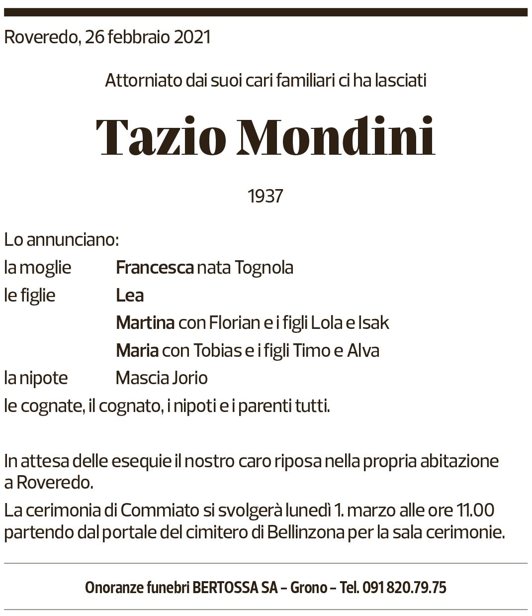 Annuncio funebre Tazio Mondini