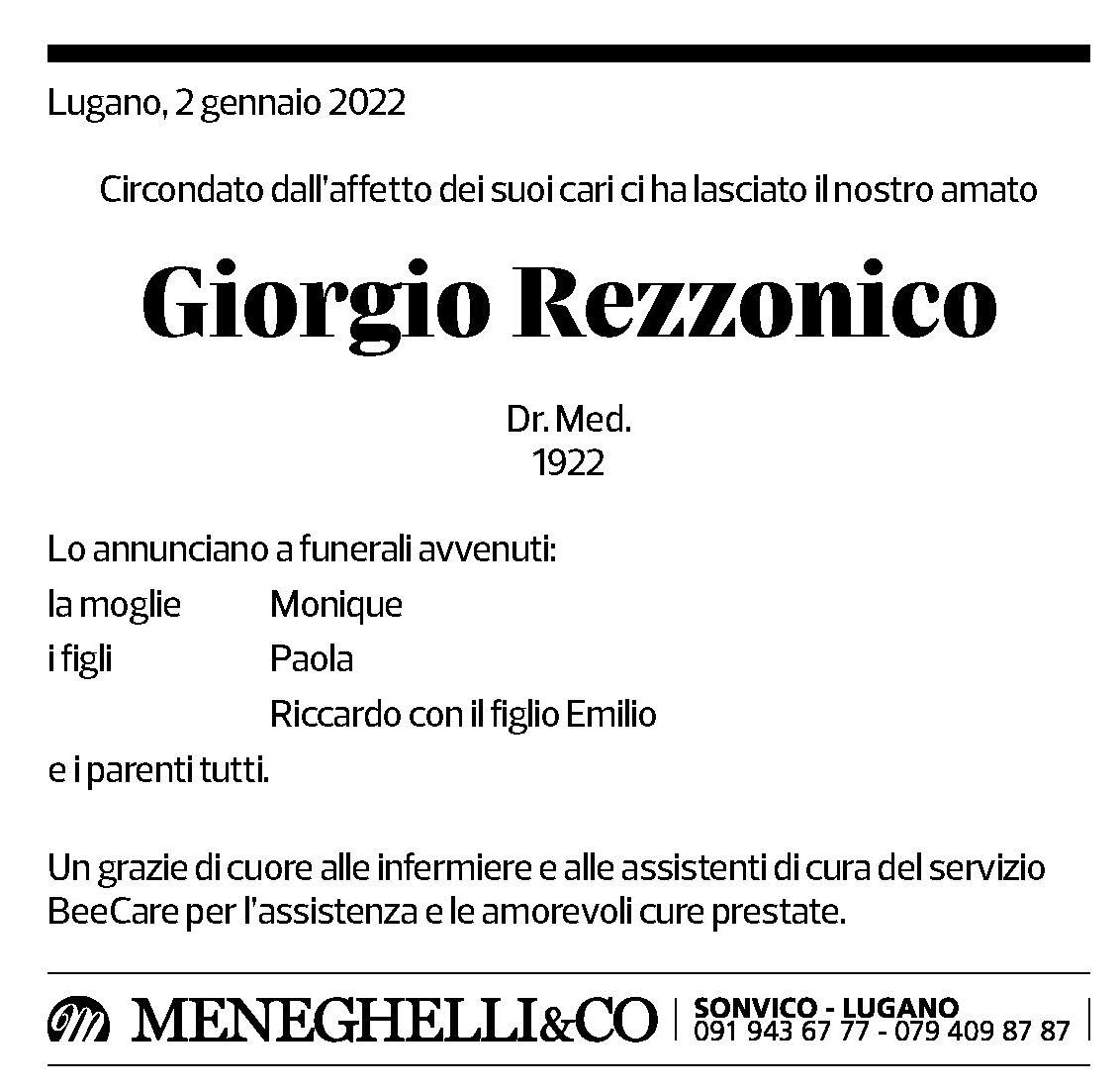 Annuncio funebre Giorgio Rezzonico