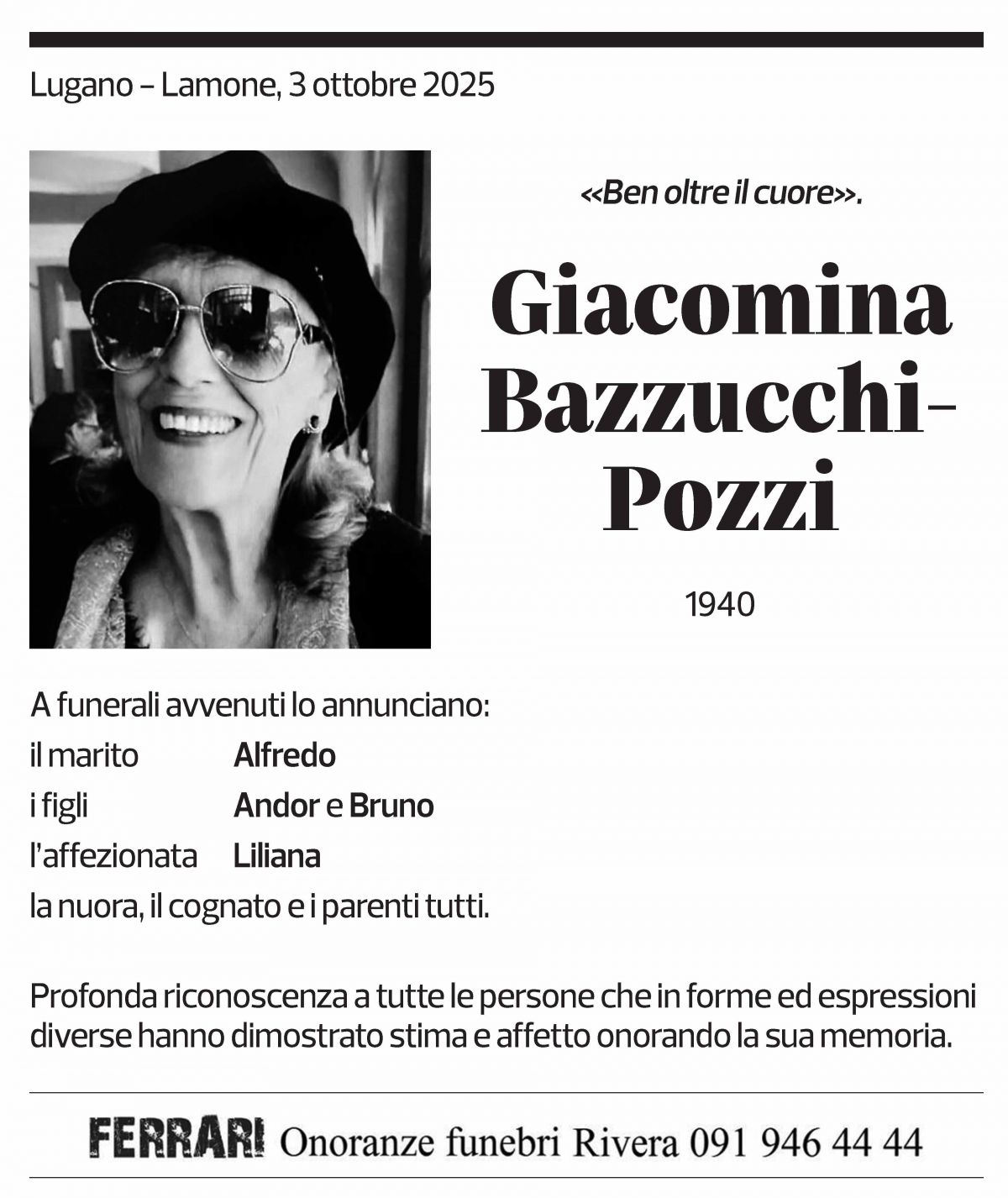 Annuncio funebre Giacomina Bazzucchi-pozzi
