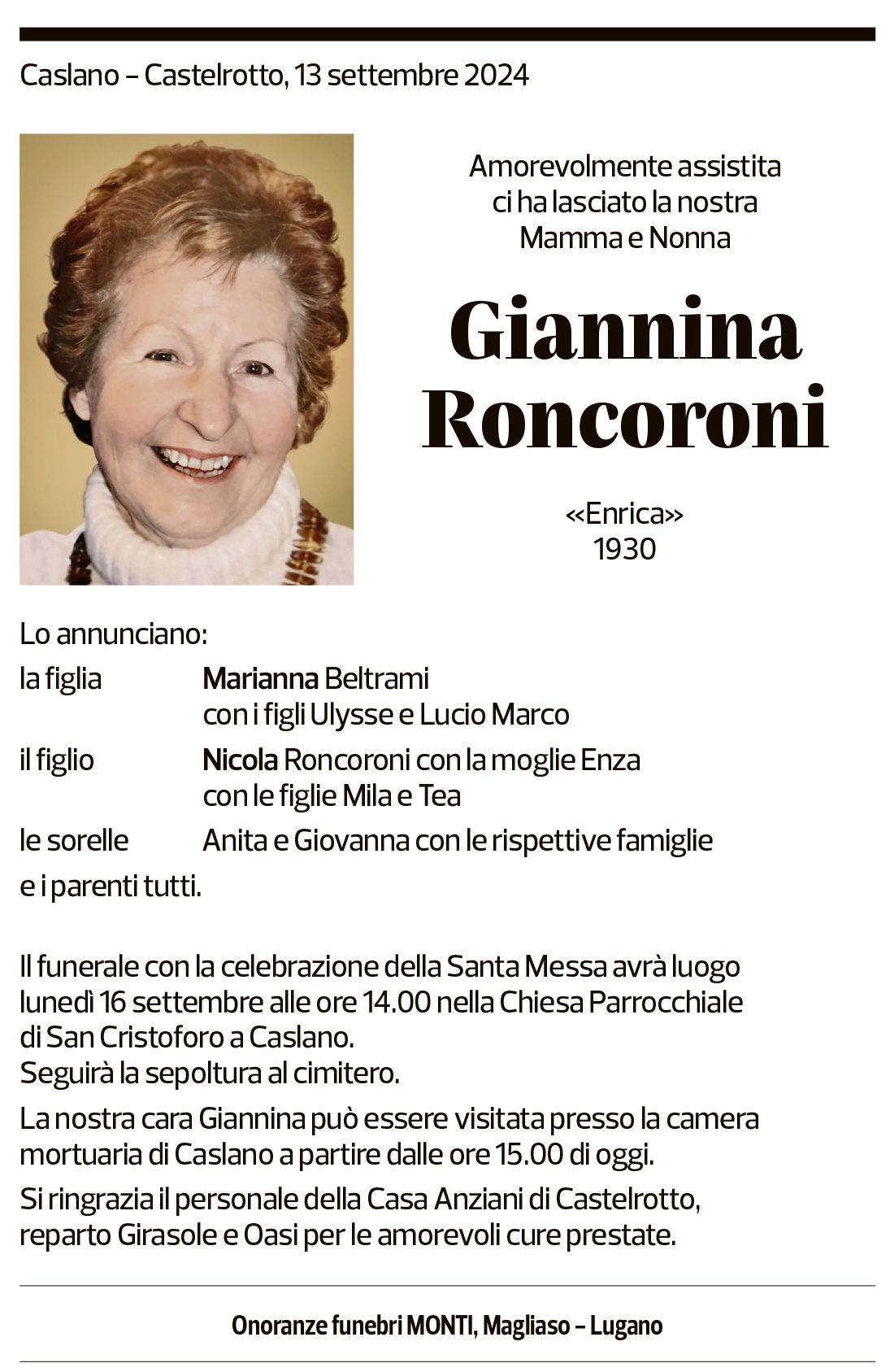 Annuncio funebre Giannina Roncoroni