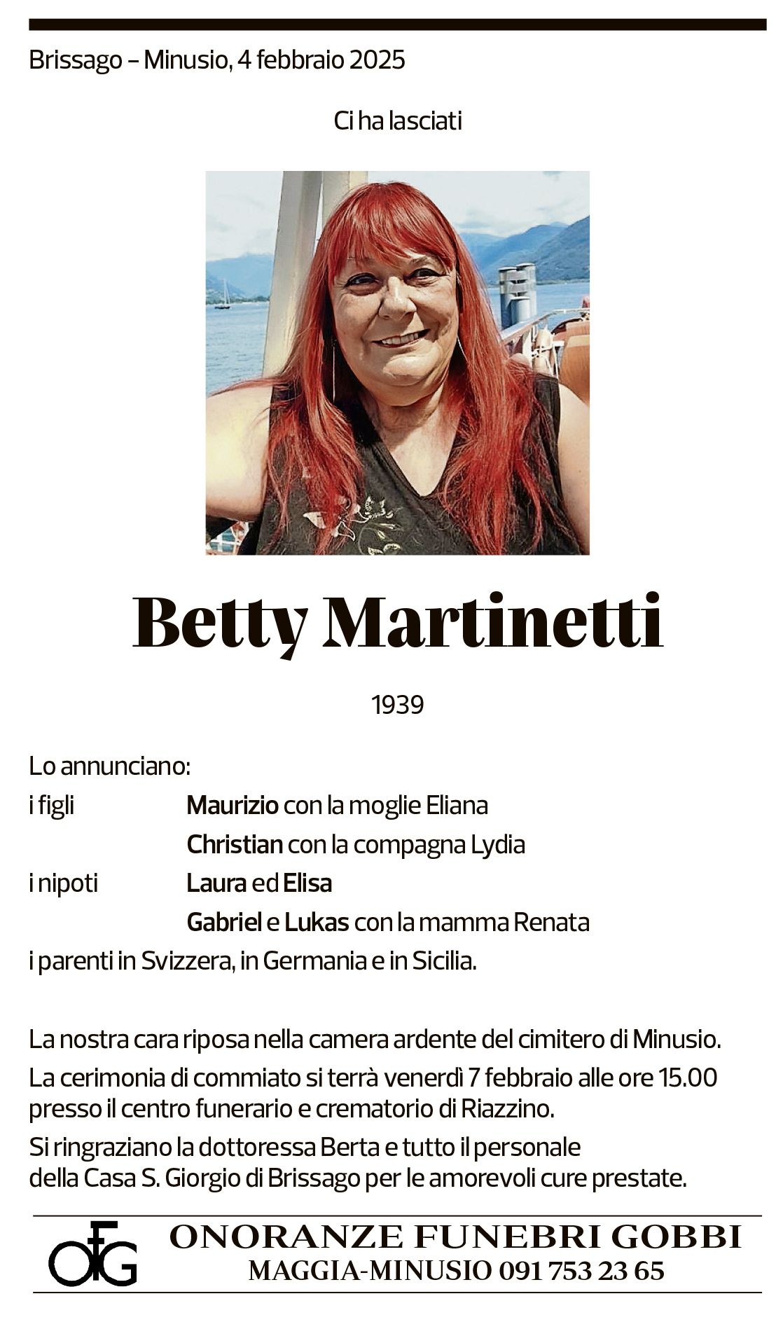 Annuncio funebre Betty Martinetti