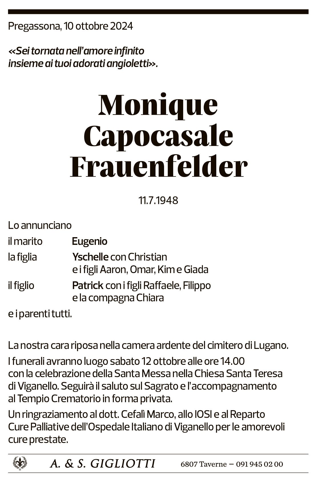 Annuncio funebre Monique Caposale Frauenfelder