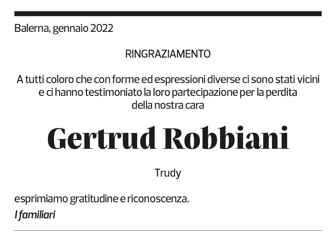 Annuncio funebre Gertrud Robbiani