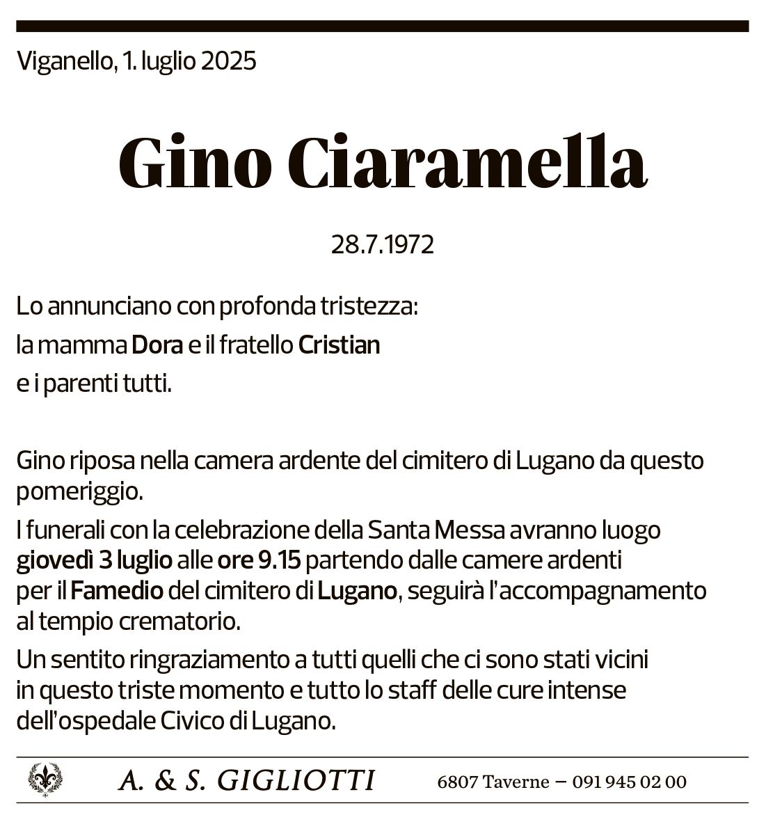 Annuncio funebre Gino Ciaramella