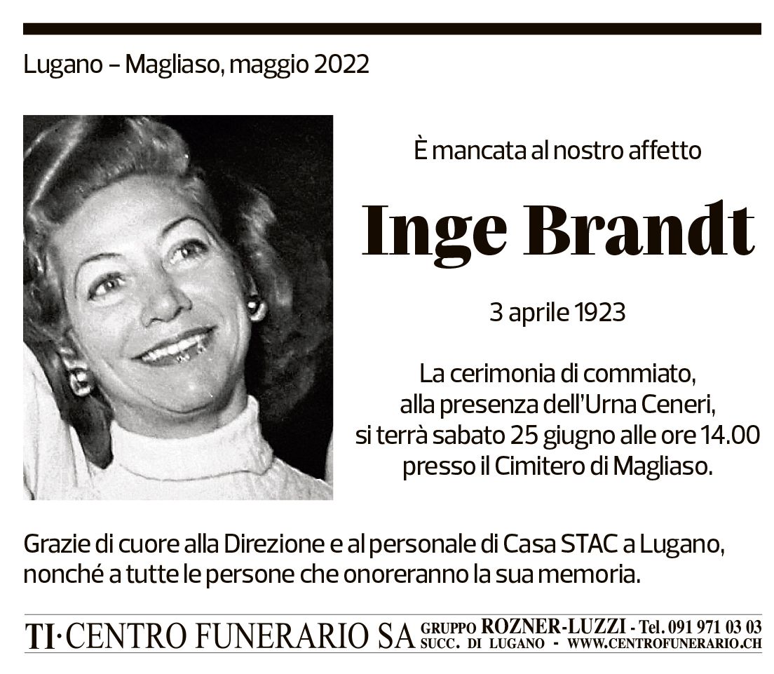 Annuncio funebre Inge Brandt