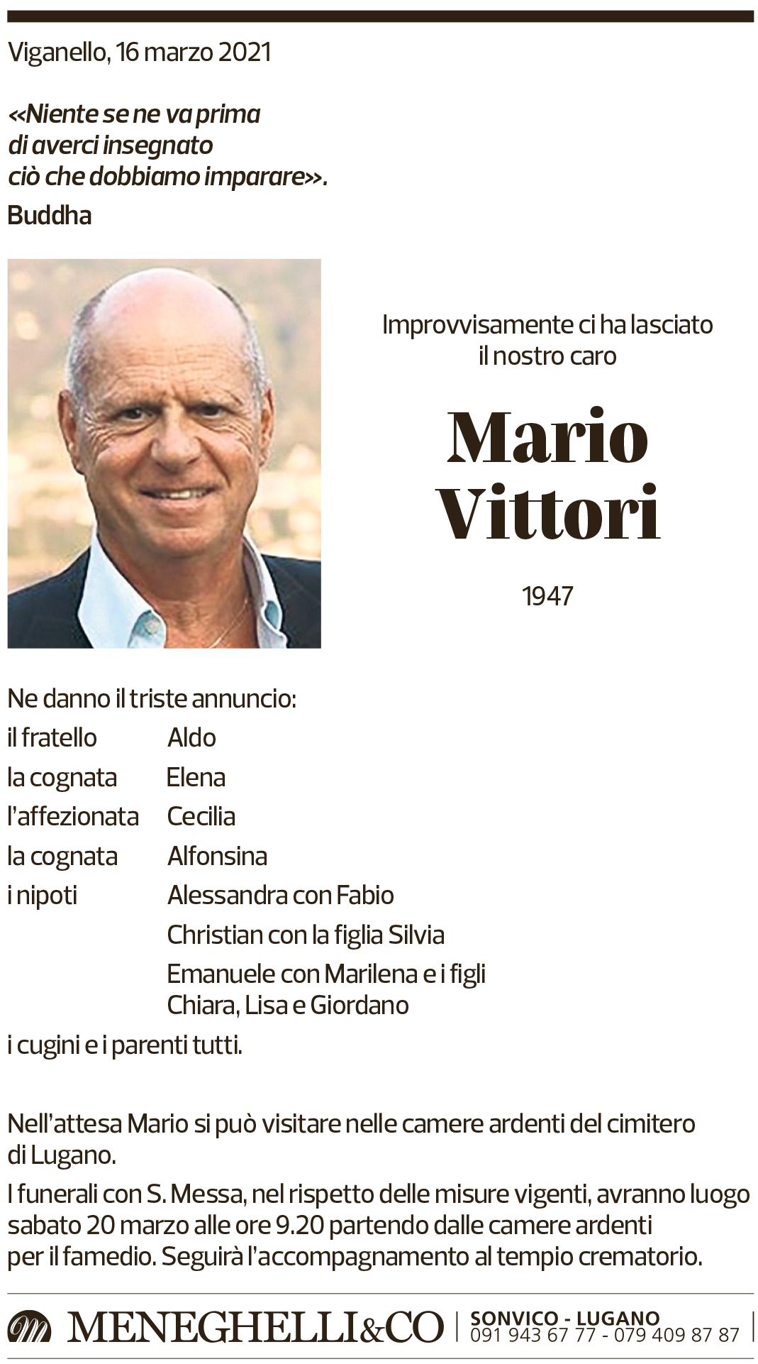 Annuncio funebre Mario Vittori