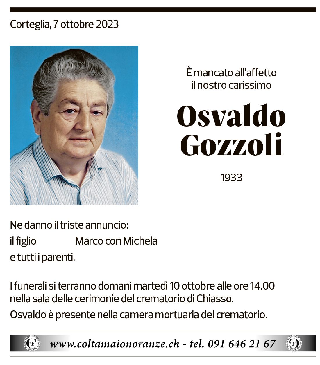 Annuncio funebre Osvaldo Gozzoli