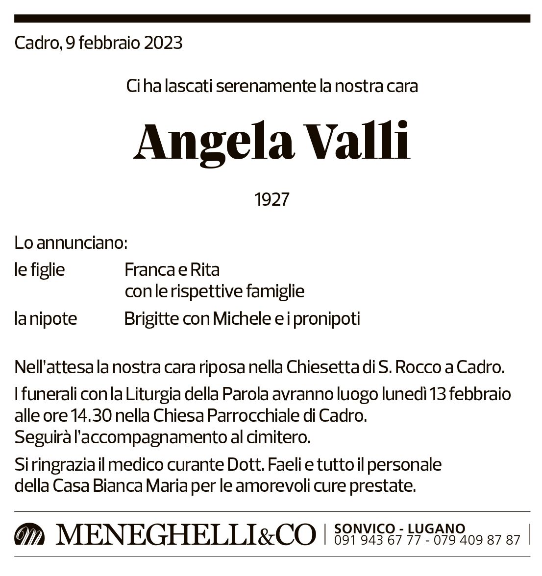 Annuncio funebre Angela Valli