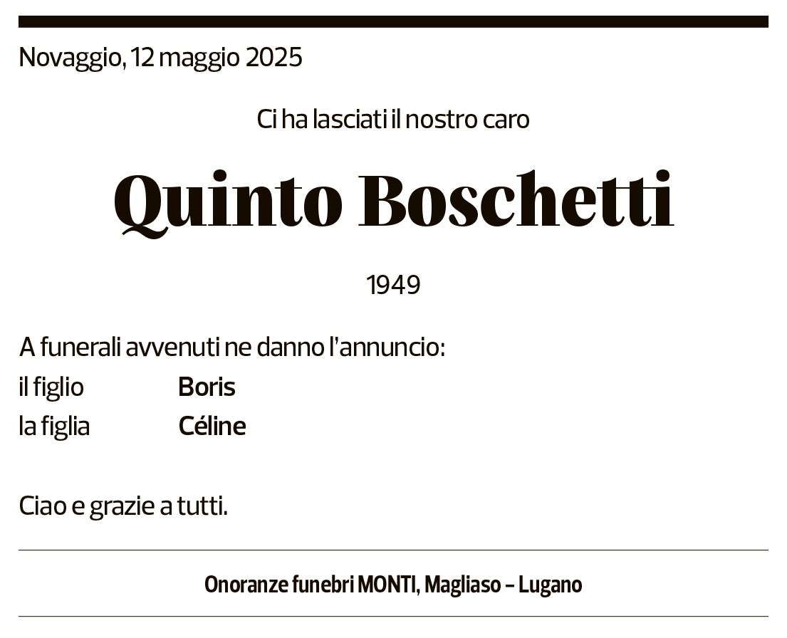 Annuncio funebre Quinto Boschetti