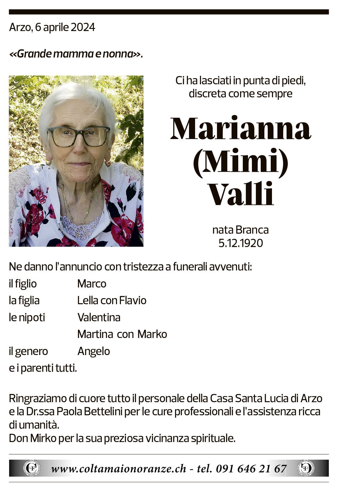 Annuncio funebre Marianna Valli