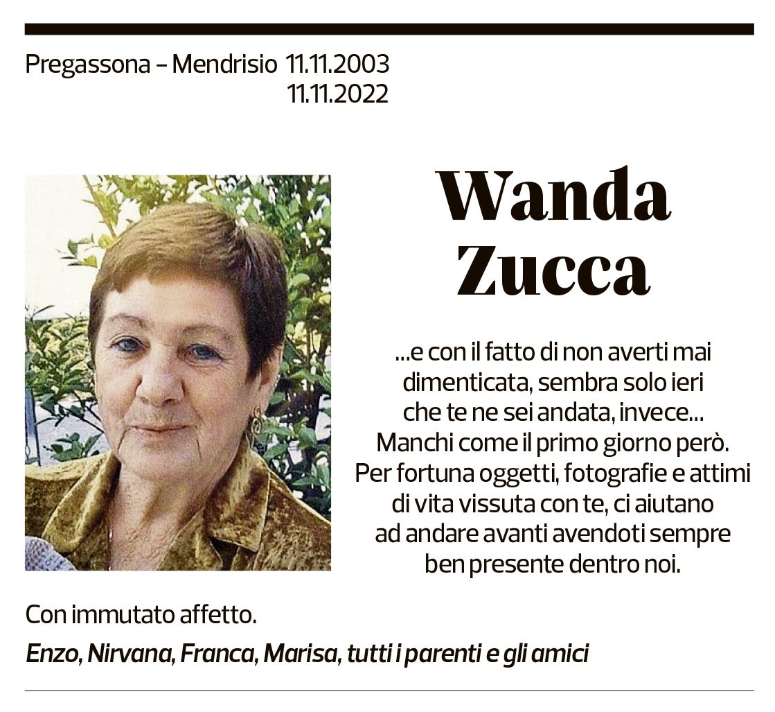 Annuncio funebre Wanda Zucca