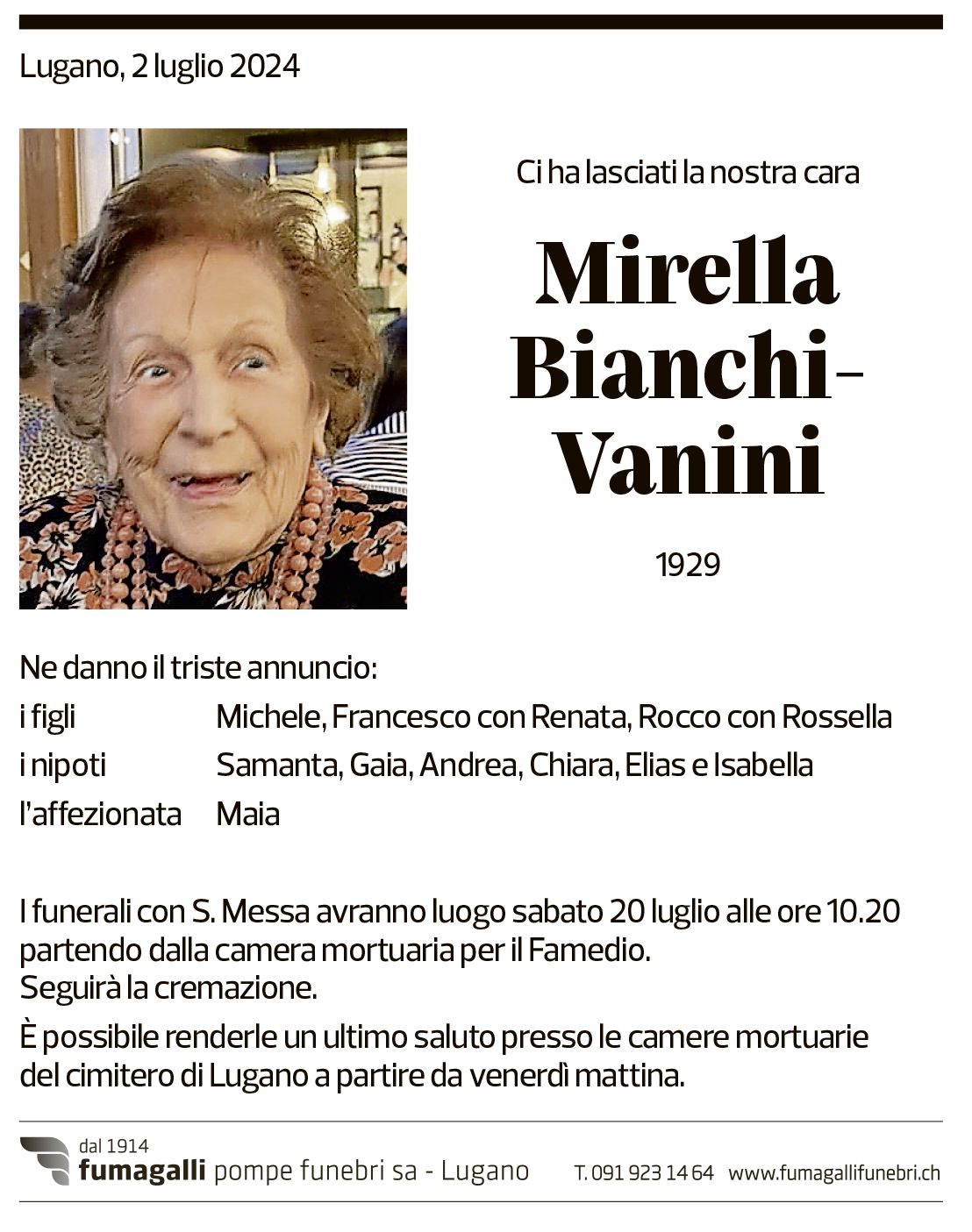 Annuncio funebre Mirella Bianchi-vanini