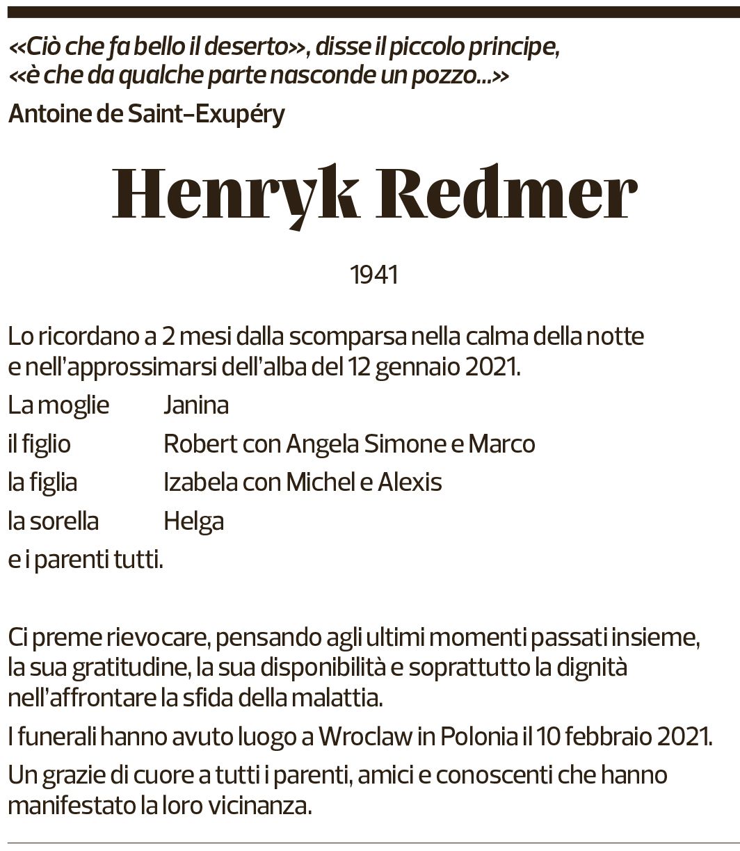 Annuncio funebre Henryk Redmer