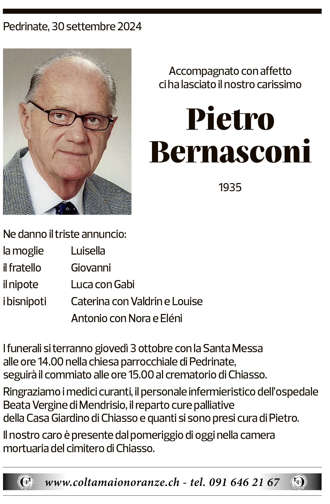 Annuncio funebre Pietro Bernasconi