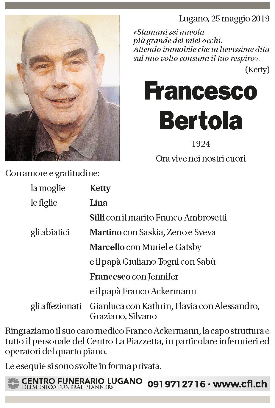 Annuncio funebre Francesco Bertola