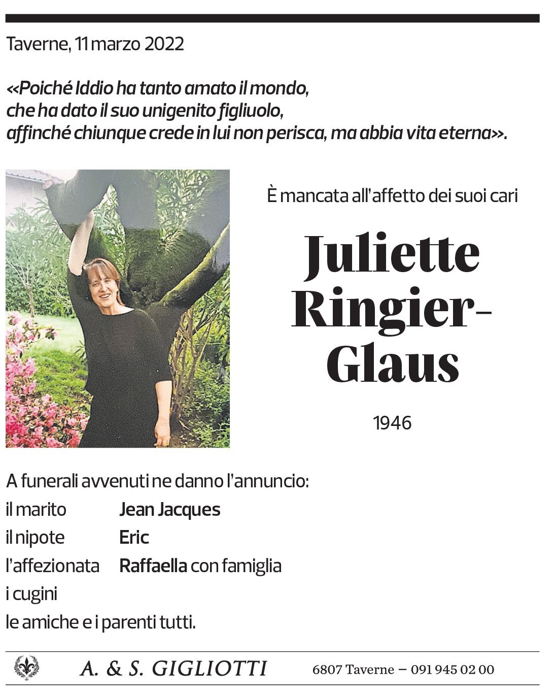 Annuncio funebre Juliette Ringier-glaus