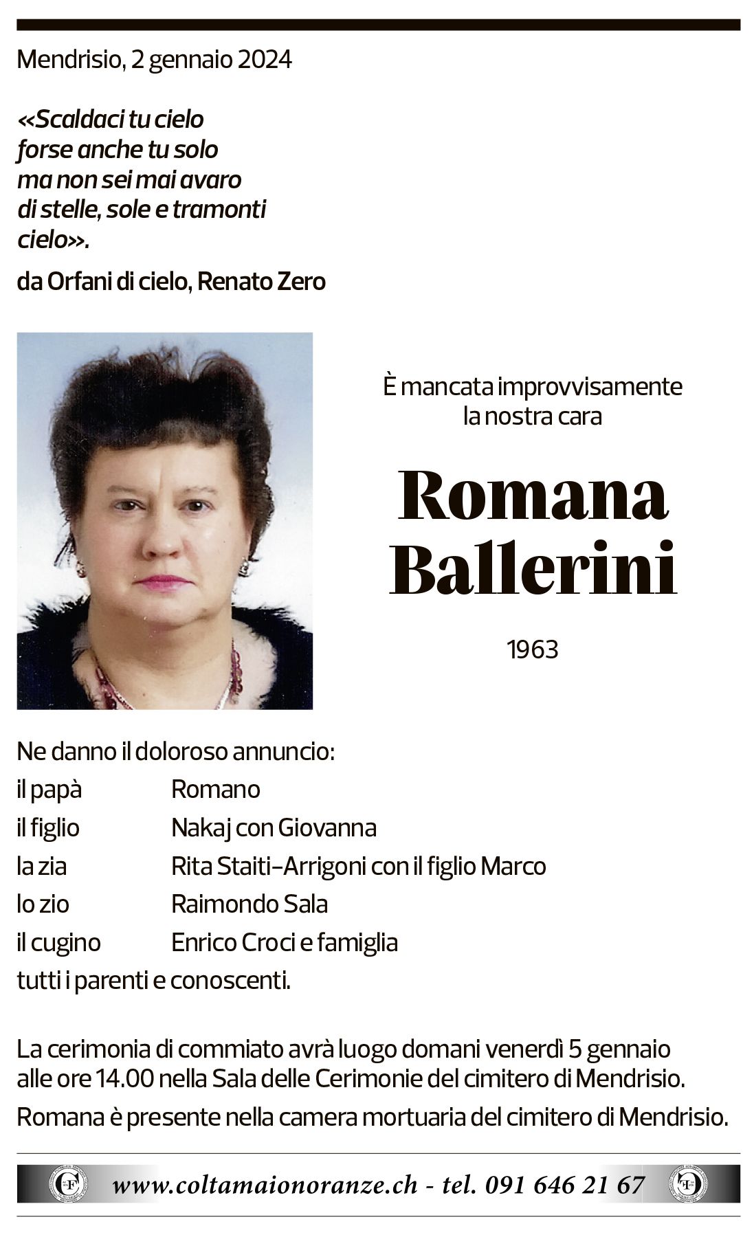 Annuncio funebre Romana Ballerini