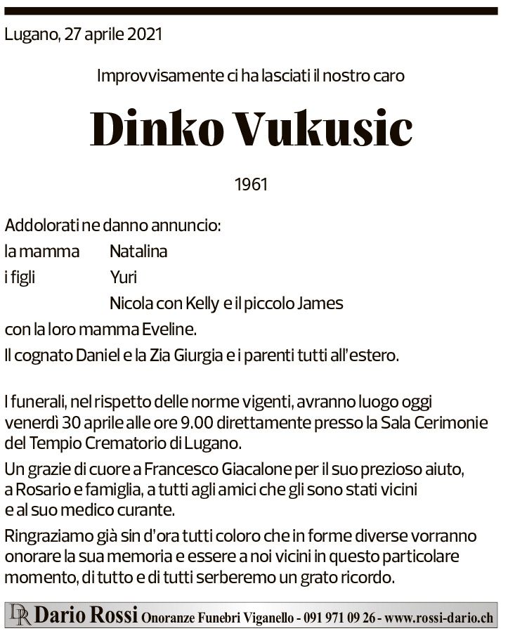 Annuncio funebre Dinko Vukusic