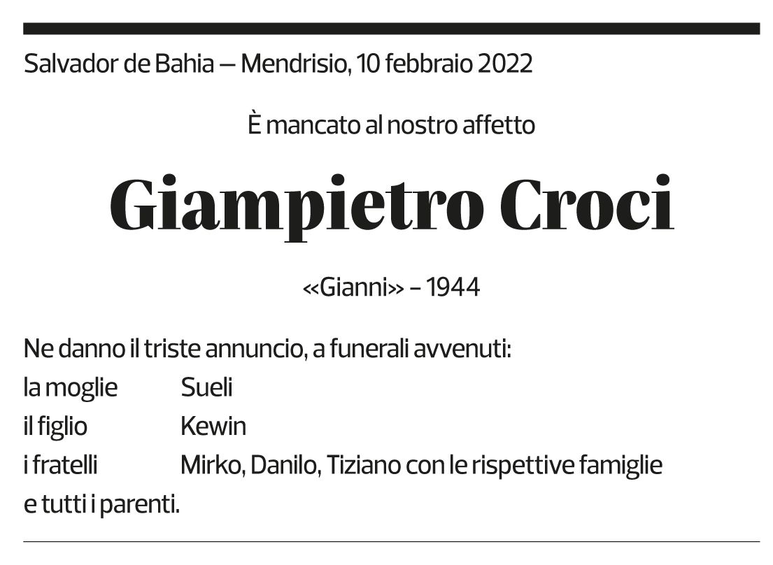 Annuncio funebre Giampietro Croci