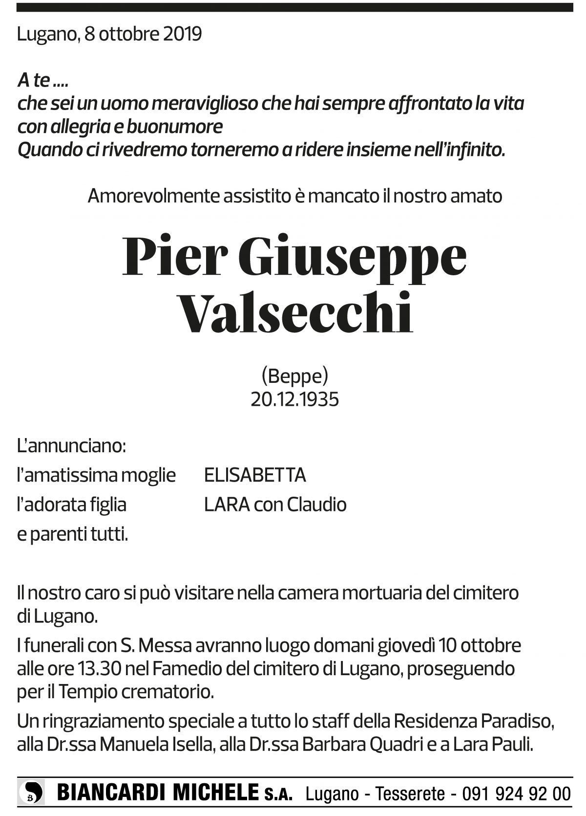 Annuncio funebre Pier Giuseppe Valsecchi
