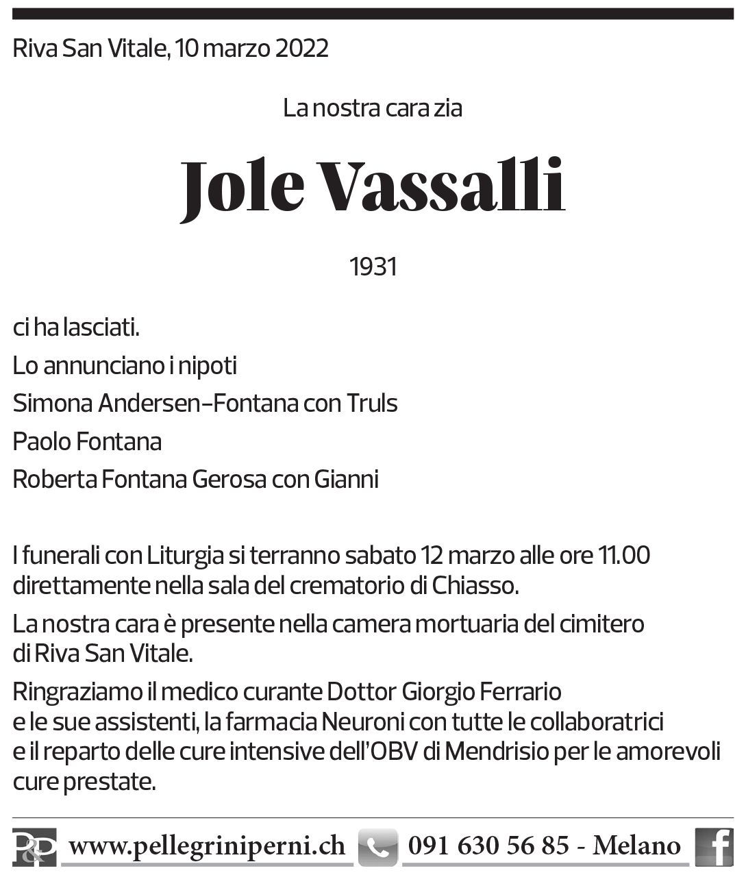 Annuncio funebre Jole Vassalli