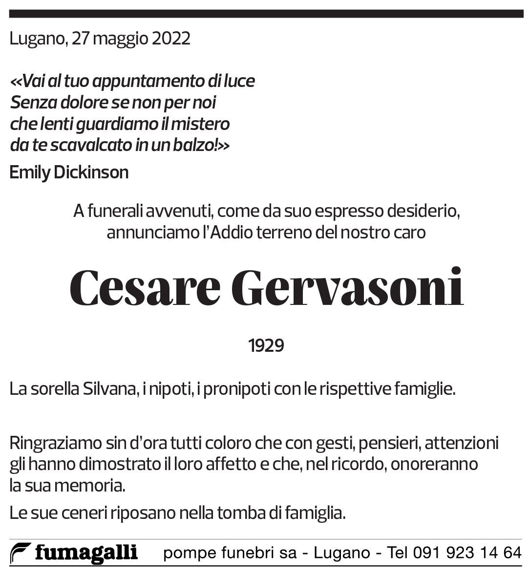 Annuncio funebre Cesare Gervasoni