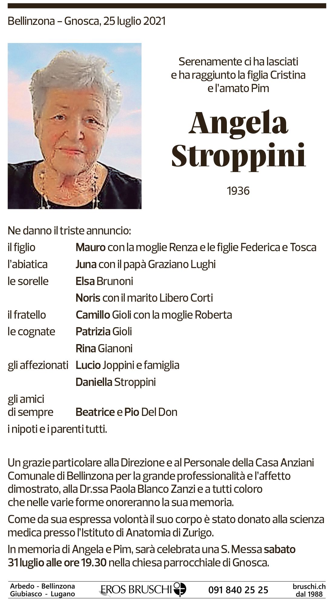 Annuncio funebre Angela Stroppini