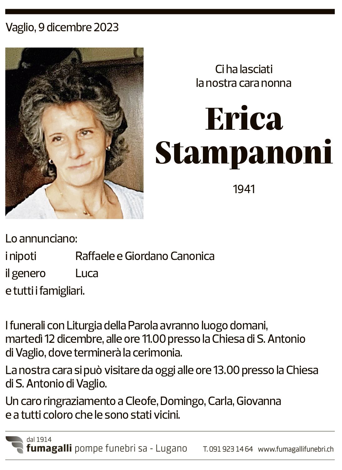 Annuncio funebre Erica Stampanoni