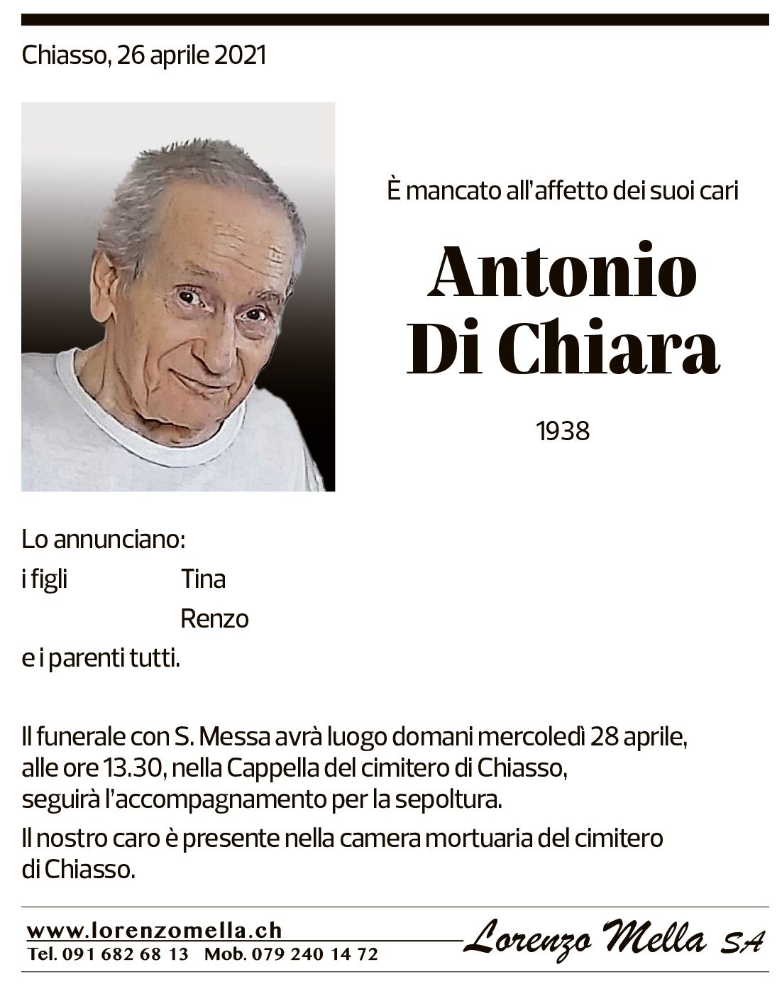 Annuncio funebre Antonio Di Chiara