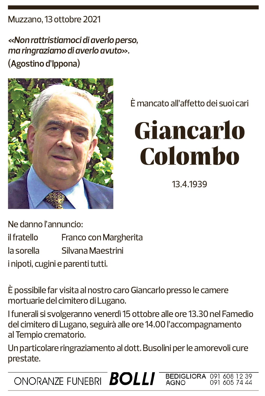 Annuncio funebre Giancarlo Colombo