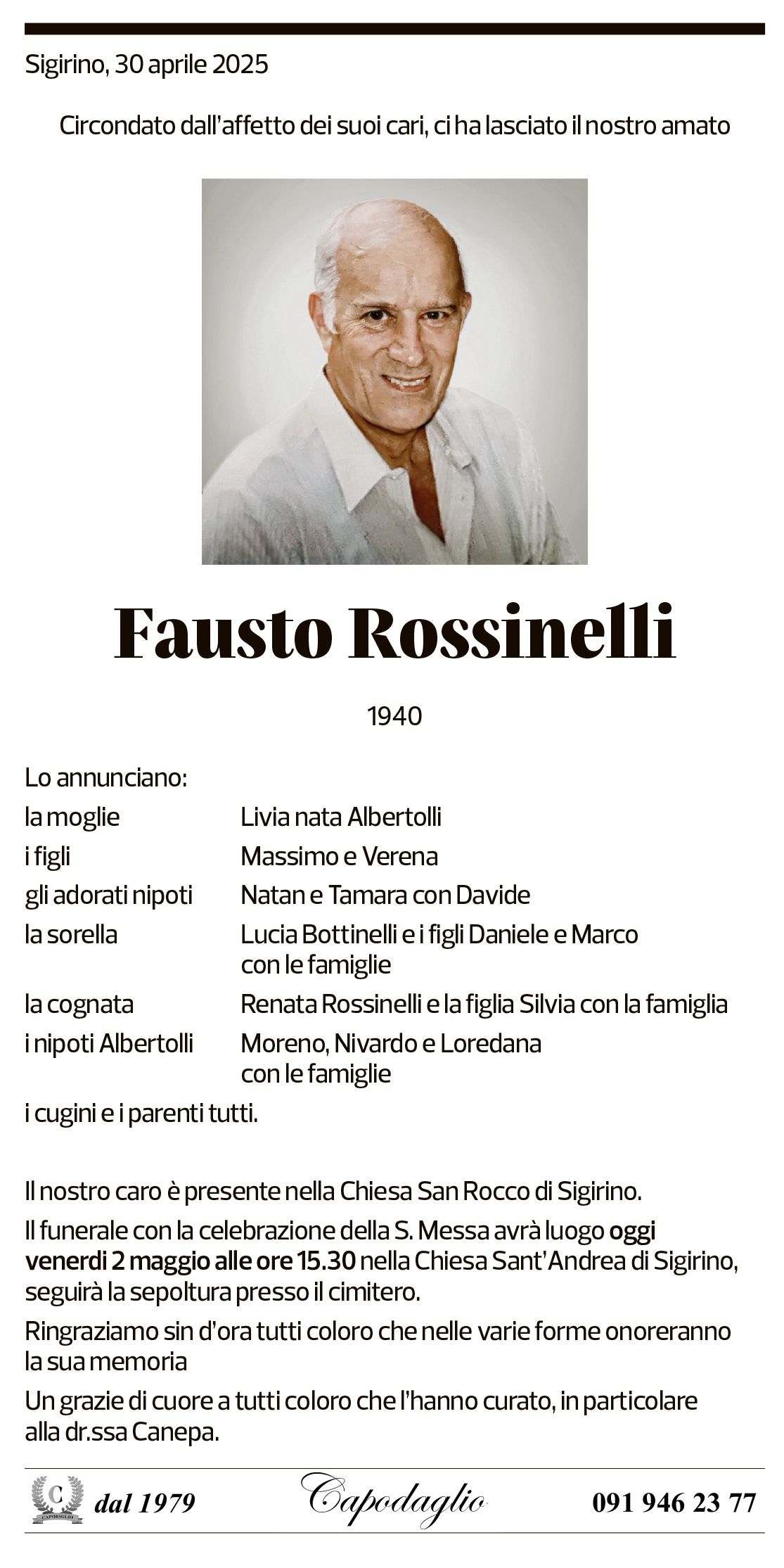 Annuncio funebre Fausto Rossinelli