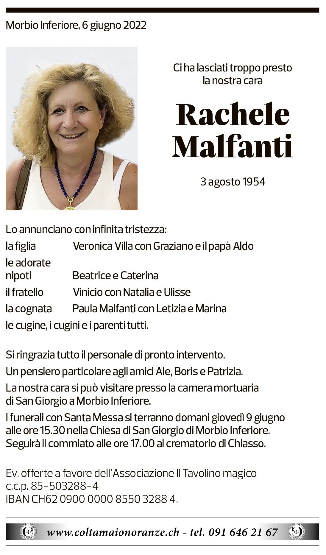 Annuncio funebre Rachele Malfanti