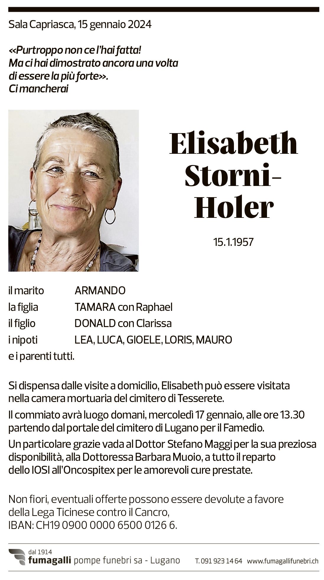 Annuncio funebre Elisabeth Storni-holer