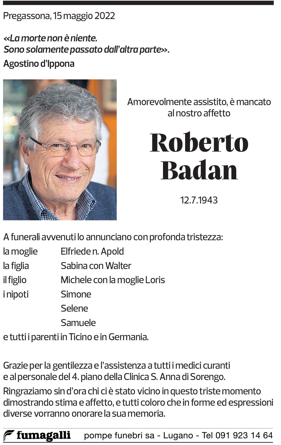 Annuncio funebre Roberto Badan